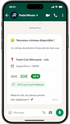 Aperçu des alertes WhatsApp Padel Minute